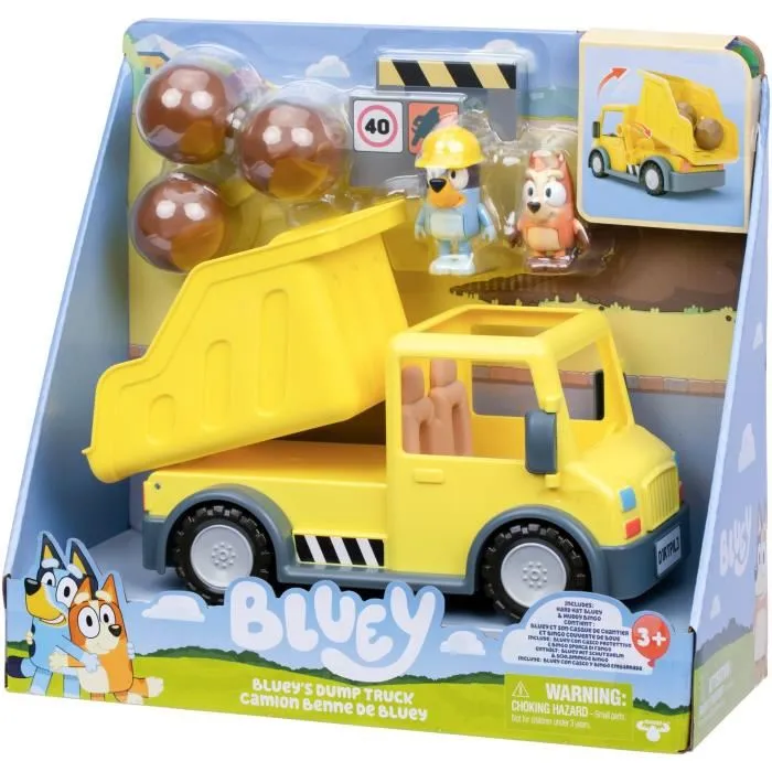Bluey - Figurine Camion Benne avec Bluey et Bingo en tenue de chantier, Accessoires Rocher et Autocollants Personnalisables