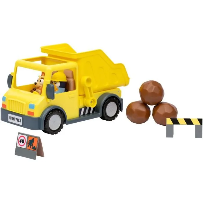 Bluey - Figurine Camion Benne avec Bluey et Bingo en tenue de chantier, Accessoires Rocher et Autocollants Personnalisables
