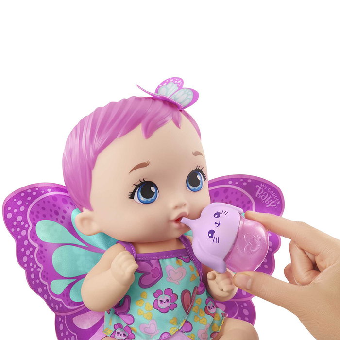 Mattel My Garden Baby Poupée bébé qui fait pipi, magenta avec mordeur et bouteille, ailes amovibles, parfum jasmin, 30.5 cm, réf. Gyp10