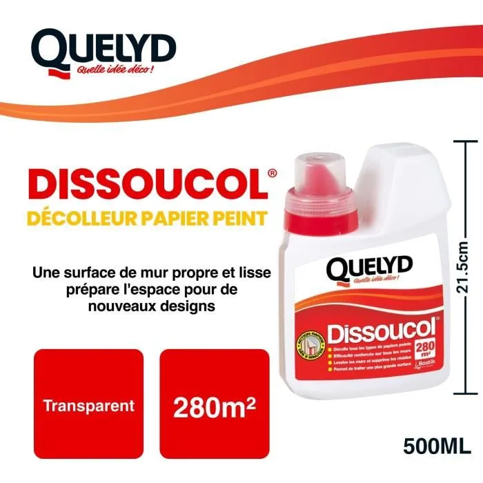 Quelyd DISSOUCOL - Décapant décollant haute performance pour tous types de papiers peints et revêtements muraux - Supprime les résidus de colle - Rendement 500 ml pour 280 m²