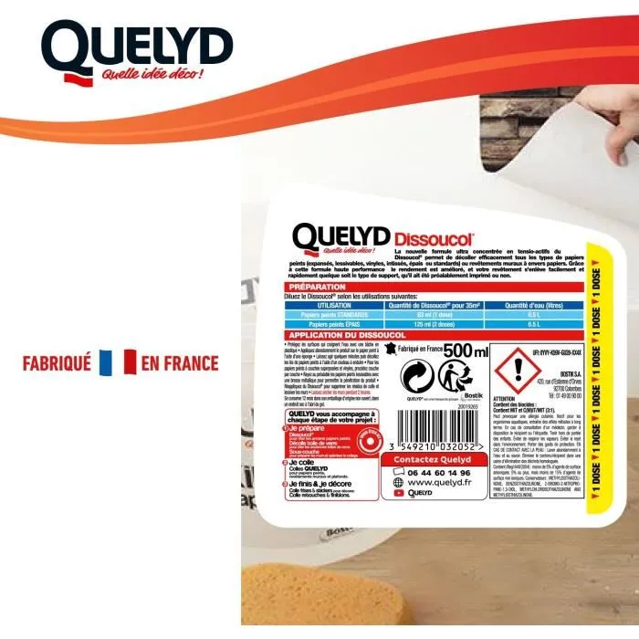 Quelyd DISSOUCOL - Décapant décollant haute performance pour tous types de papiers peints et revêtements muraux - Supprime les résidus de colle - Rendement 500 ml pour 280 m²