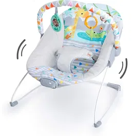 Bright Starts Transat bébé Safari Fun - 0-9 mois (9kg) avec vibrations, arche de jouets d'éveil amovibles, miroir et harnais 3 points sécurité