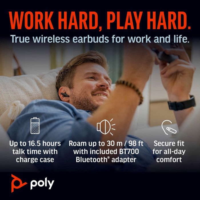 Poly Voyager Free 60+ UC Écouteurs Bluetooth avec ANC, Écran Tactile, Étui de Charge USB-C, Port 3.5mm - Noir Charbon