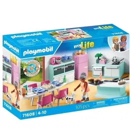 Playmobil 71608 - Cuisine avec îlot central, Maison d'architecte My Life, Figurine grand-mère et chat, Jouet de construction 105 pièces, À partir de 4 ans