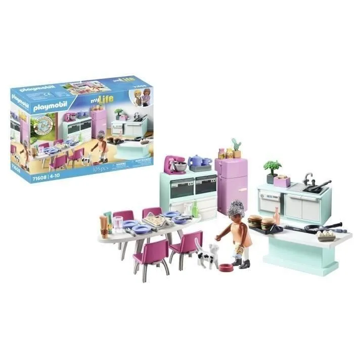 Playmobil 71608 - Cuisine avec îlot central, Maison d'architecte My Life, Figurine grand-mère et chat, Jouet de construction 105 pièces, À partir de 4 ans