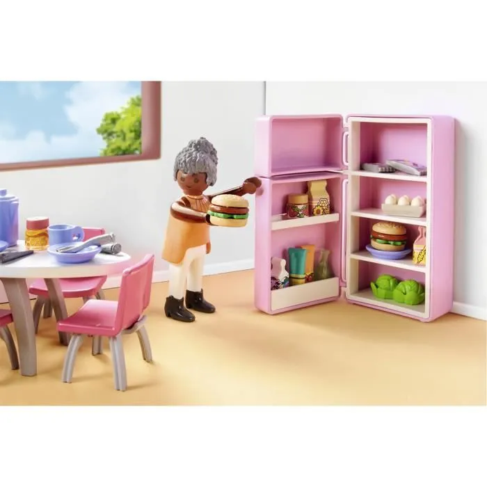 Playmobil 71608 - Cuisine avec îlot central, Maison d'architecte My Life, Figurine grand-mère et chat, Jouet de construction 105 pièces, À partir de 4 ans