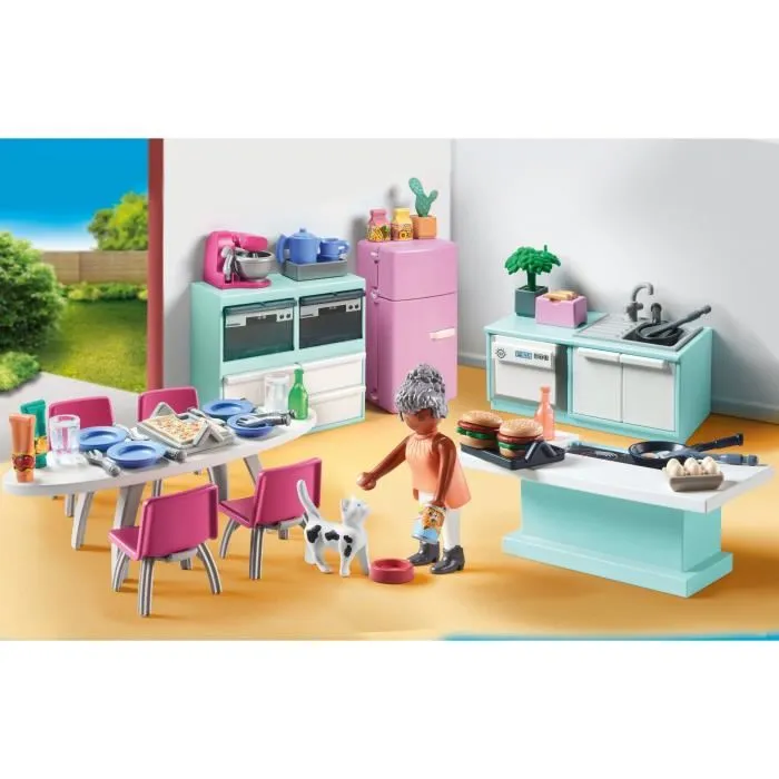 Playmobil 71608 - Cuisine avec îlot central, Maison d'architecte My Life, Figurine grand-mère et chat, Jouet de construction 105 pièces, À partir de 4 ans