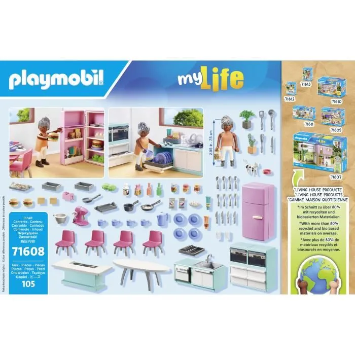 Playmobil 71608 - Cuisine avec îlot central, Maison d'architecte My Life, Figurine grand-mère et chat, Jouet de construction 105 pièces, À partir de 4 ans