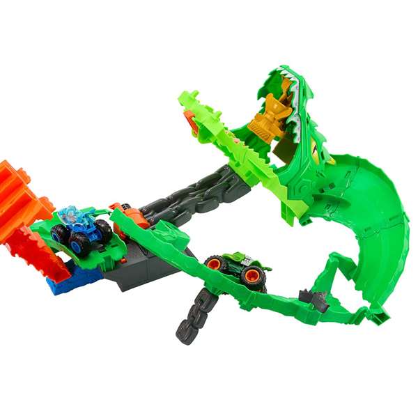 Mattel - Piste Hot Wheels Monster Trucks Sharks vs Dinos Dragon Destruction avec 2 Voitures - Jouet Circuit - 53,34x60x35,56 cm