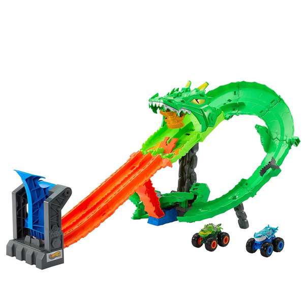 Mattel - Piste Hot Wheels Monster Trucks Sharks vs Dinos Dragon Destruction avec 2 Voitures - Jouet Circuit - 53,34x60x35,56 cm