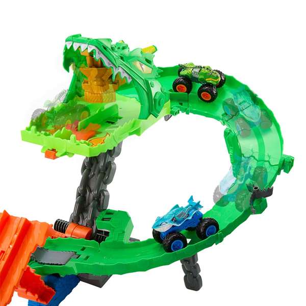 Mattel - Piste Hot Wheels Monster Trucks Sharks vs Dinos Dragon Destruction avec 2 Voitures - Jouet Circuit - 53,34x60x35,56 cm