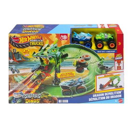 Mattel - Piste Hot Wheels Monster Trucks Sharks vs Dinos Dragon Destruction avec 2 Voitures - Jouet Circuit - 53,34x60x35,56 cm