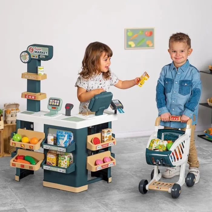 Smoby - Supermarché Jouet Marchande avec Caisse, Rayons et 42 Accessoires (Fruits, Légumes, Balance Mécanique) - Pour Enfants Dès 3 Ans