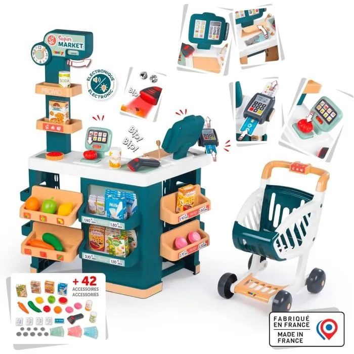 Smoby - Supermarché Jouet Marchande avec Caisse, Rayons et 42 Accessoires (Fruits, Légumes, Balance Mécanique) - Pour Enfants Dès 3 Ans