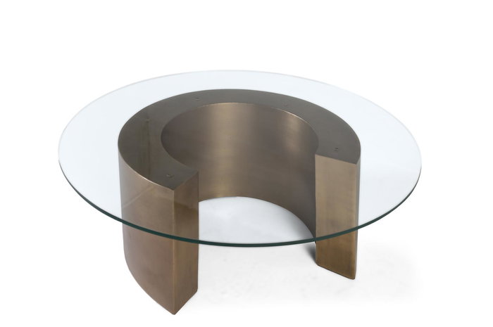 Giner y Colomer - Table basse avec plateau en verre circulaire biseauté et base en fer bronze vieilli - 2 colis