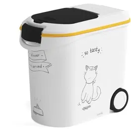 Curver Conteneur à Croquettes pour Chat Le Diner est Servi - 12 kg, 35 L avec Roulettes et Jauge de Niveau - Blanc et Noir