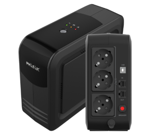 Phasak PH 9497 SAI UPS 750VA Smart Lite, 450W, 3 Prises Schuko, Line-Interactive, USB HID, Protection RJ45