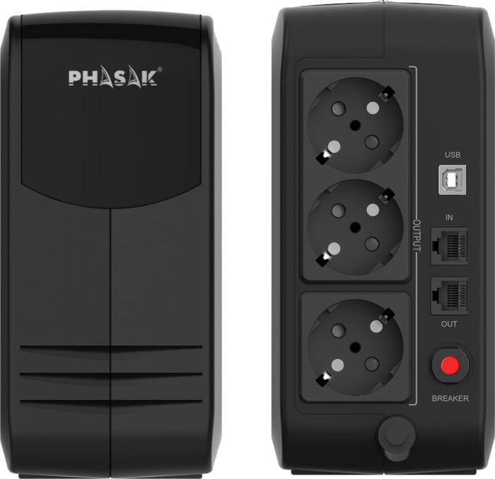 Phasak PH 9497 SAI UPS 750VA Smart Lite, 450W, 3 Prises Schuko, Line-Interactive, USB HID, Protection RJ45