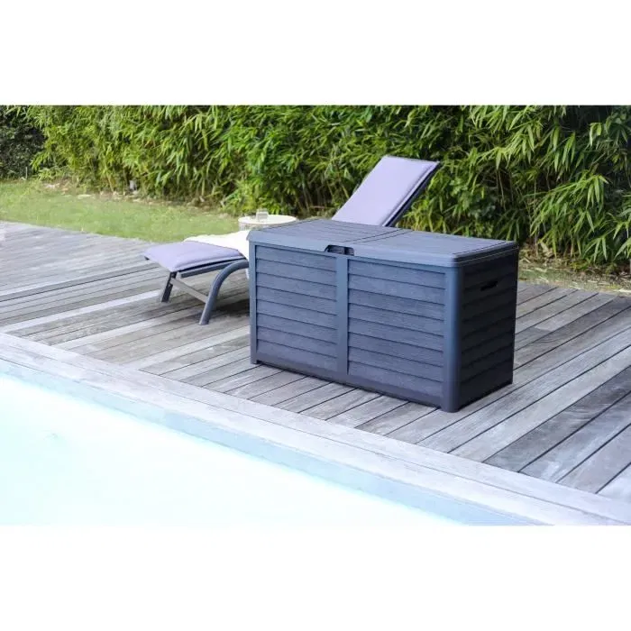 Coffre de rangement de jardin BAYA EDA 420 L en plastique imitation bois - Dimensions 117.3 x 54.8 x 65.3 cm - Gris anthracite