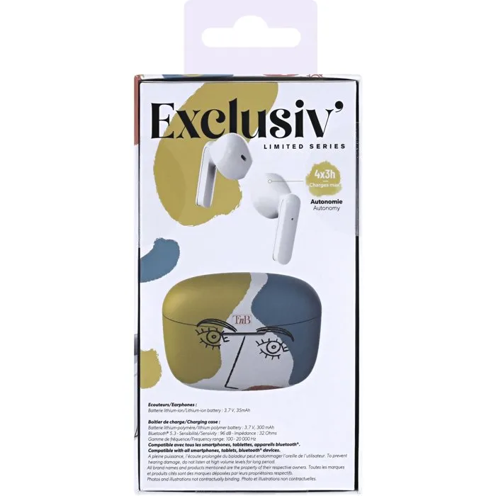 TNB Ecouteurs sans fil Bluetooth Exclusiv' ART 3 - Blanc, Contrôle tactile, Autonomie 12h, Boîtier de charge design cubisme, Confortables semi-intra-auriculaires
