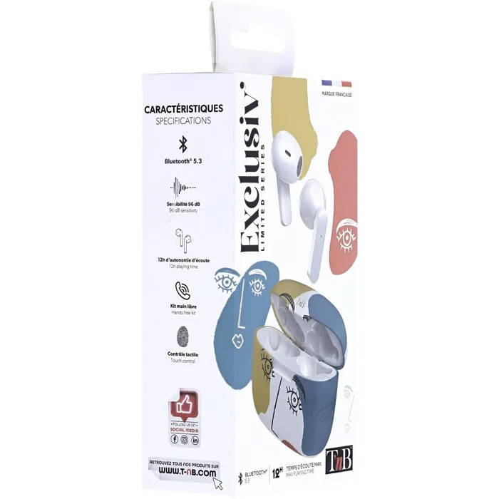 TNB Ecouteurs sans fil Bluetooth Exclusiv' ART 3 - Blanc, Contrôle tactile, Autonomie 12h, Boîtier de charge design cubisme, Confortables semi-intra-auriculaires