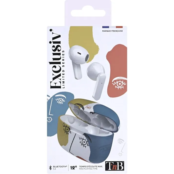 TNB Ecouteurs sans fil Bluetooth Exclusiv' ART 3 - Blanc, Contrôle tactile, Autonomie 12h, Boîtier de charge design cubisme, Confortables semi-intra-auriculaires