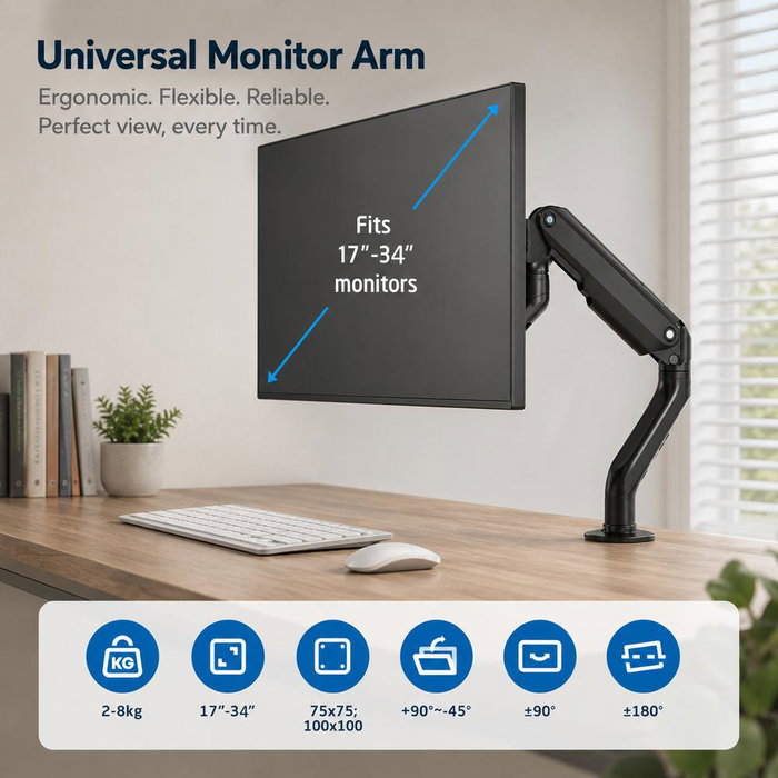 Ewent EW1492 Bras de bureau pour moniteur avec ressort à gaz, 17-34 pouces, jusqu'à 9 kg