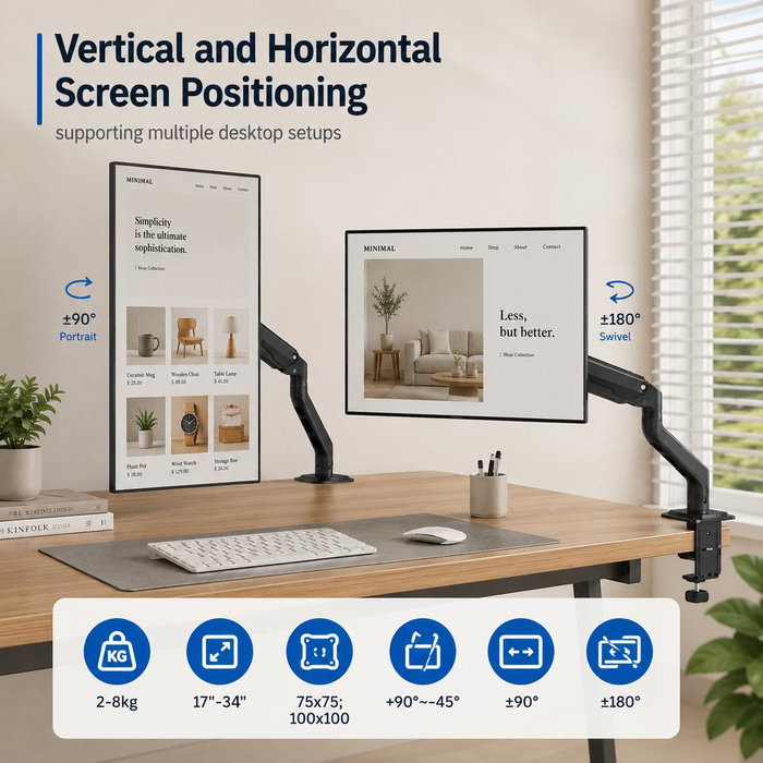 Ewent EW1492 Bras de bureau pour moniteur avec ressort à gaz, 17-34 pouces, jusqu'à 9 kg