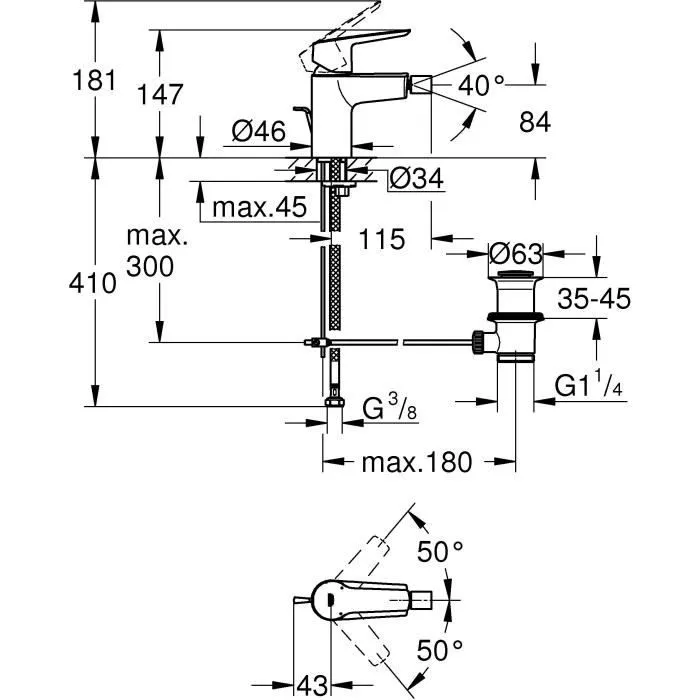 Grohe Mitigeur monocommande pour Bidet, Bec droit en métal chromé gris, 181 mm de hauteur, pour diamètre de perçage 34 mm, Garantie 5 ans