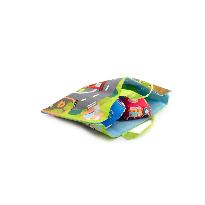 Tachan - Tapis de jeu avec routes en tissu et 6 voitures (pompiers, police, taxi) - Jouet éducatif pour enfants dès 12 mois