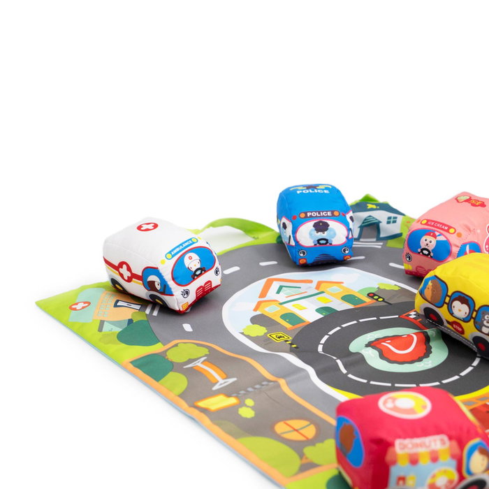 Tachan - Tapis de jeu avec routes en tissu et 6 voitures (pompiers, police, taxi) - Jouet éducatif pour enfants dès 12 mois