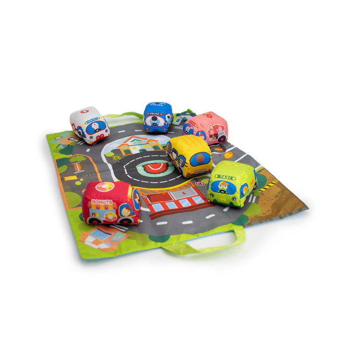 Tachan - Tapis de jeu avec routes en tissu et 6 voitures (pompiers, police, taxi) - Jouet éducatif pour enfants dès 12 mois