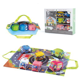 Tachan - Tapis de jeu avec routes en tissu et 6 voitures (pompiers, police, taxi) - Jouet éducatif pour enfants dès 12 mois