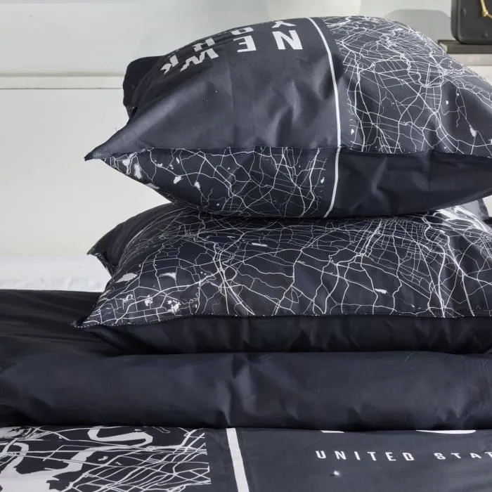 Today JAVA - Parure de lit 2 personnes 240x220 cm - 100% coton - Imprimé New York noir - Housse de couette + 2 taies