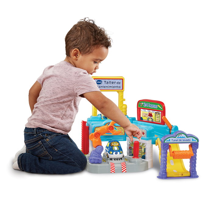 VTech Atelier de maintenance - Véhicule Piston avec plus de 50 interactions vocales, bras robotique, élévateur et tunnel de lavage - Jouet éducatif en espagnol pour enfants +12 mois