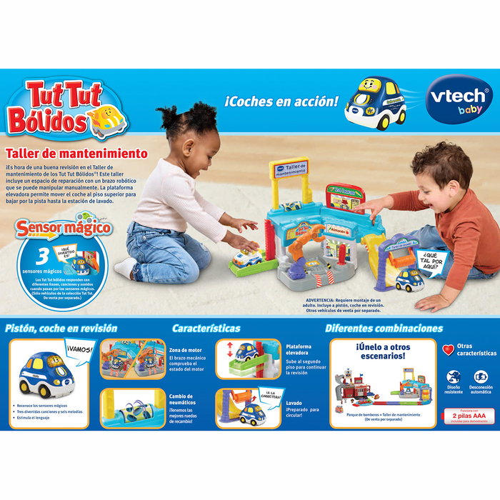 VTech Atelier de maintenance - Véhicule Piston avec plus de 50 interactions vocales, bras robotique, élévateur et tunnel de lavage - Jouet éducatif en espagnol pour enfants +12 mois