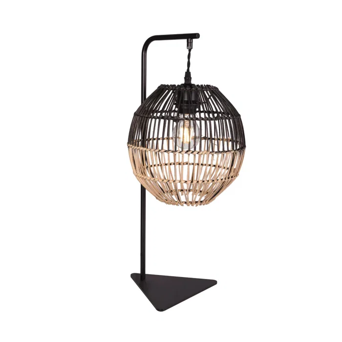 Lámpara de Mesa Lampe de table décorative Granada SKD-T1021 en rotin naturel et métal noir - Douille E27 - Ambiances naturel, méditerranéen, boho-chic