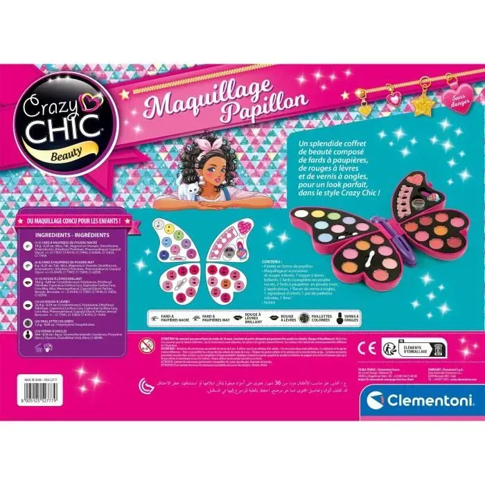 Clementoni - Palette de maquillage papillon - Coffret de fards à paupières, rouges à lèvres et vernis à ongles avec miroir - Jeu créatif pour enfants à partir de 6 ans