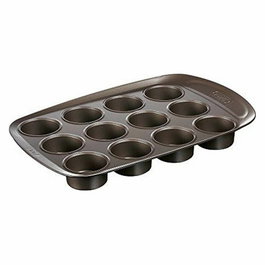 Pyrex 1452002 Moule à Muffins 12 Trous en Acier Carbone Antiadhésif, Poignée Extra-Large, Pour Four et Lave-Vaisselle, 38x25 cm