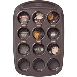 Pyrex 1452002 Moule à Muffins 12 Trous en Acier Carbone Antiadhésif, Poignée Extra-Large, Pour Four et Lave-Vaisselle, 38x25 cm
