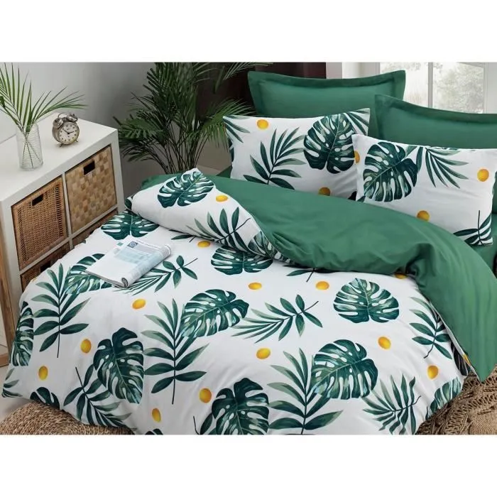 Parure de lit King 240x220 cm, housse de couette 220x240 cm + 2 taies d'oreiller 60x60 cm, 65% coton 35% polyester, vert blanc jaune