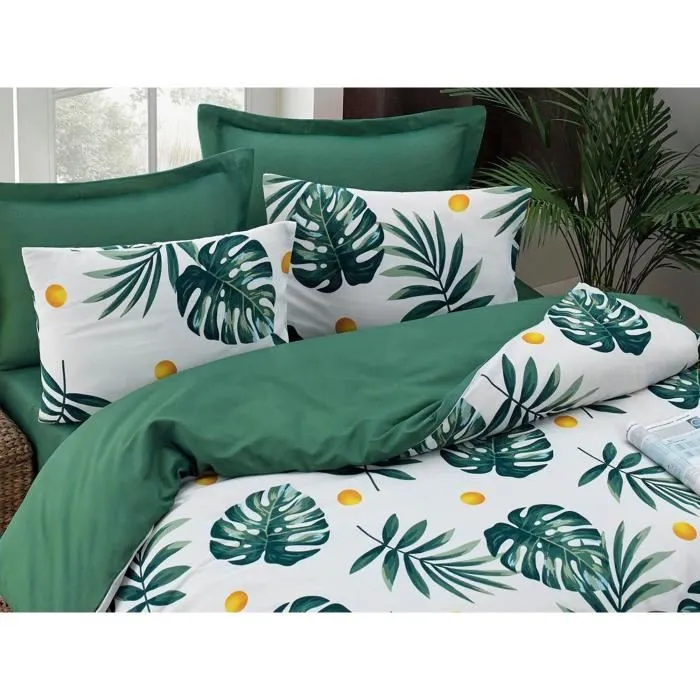 Parure de lit King 240x220 cm, housse de couette 220x240 cm + 2 taies d'oreiller 60x60 cm, 65% coton 35% polyester, vert blanc jaune