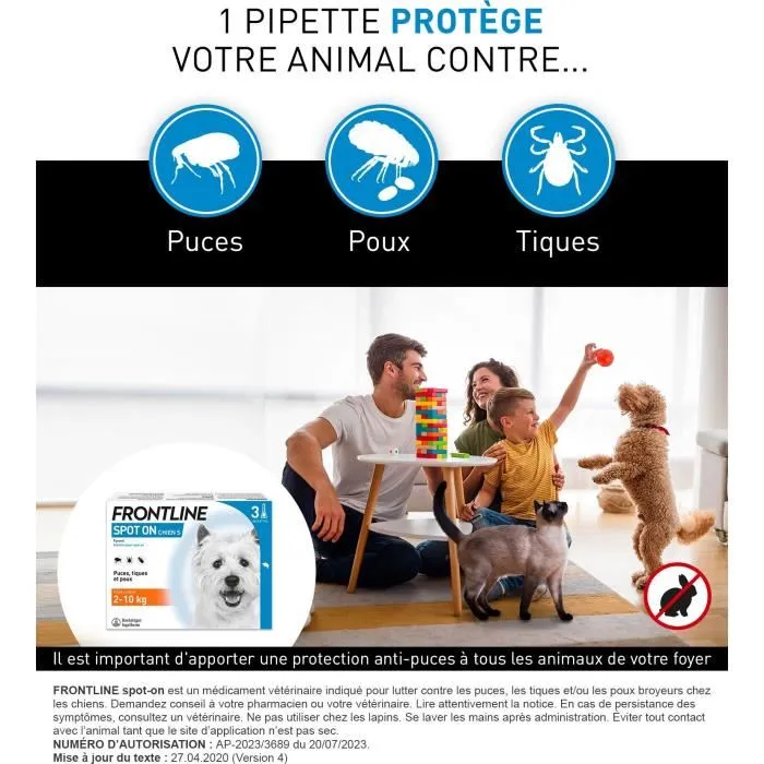 Frontline Spot On - Anti-puces et anti-tiques pour chien S 2-10 kg - 3 pipettes - Fipronil - Traitement DAPP
