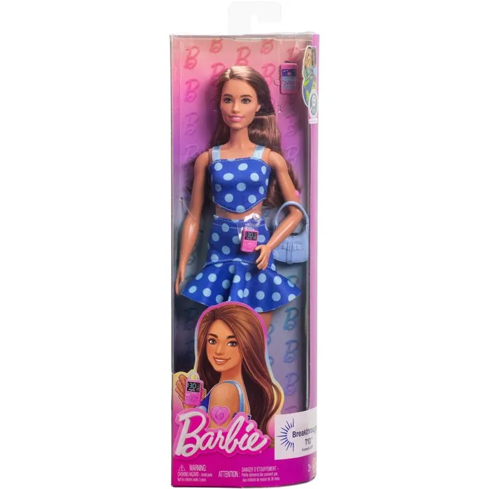 Barbie HYT97 Poupée Fashionistas avec robe bleue à pois, pompe à insuline et sac - Jeu d'imagination pour enfants dès 3 ans Barbie HYT97 Poupée Fashionistas avec robe bleue à pois, pompe à insuline et sac - Jeu d'imagination pour enfants dès 3 ans