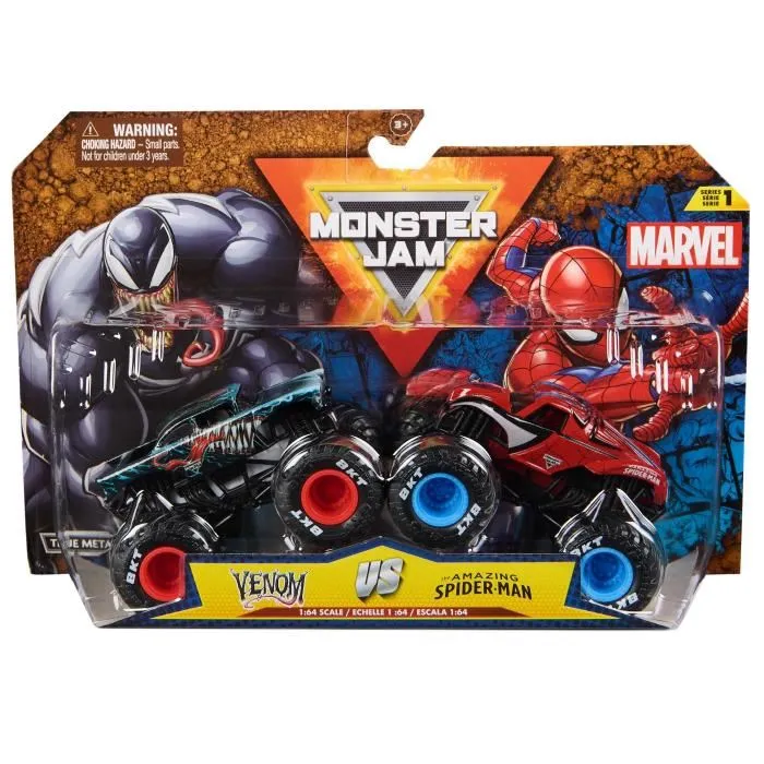Spin Master 6070555 Coffret 2 Véhicules Monster Jam Marvel à l'échelle 1:64 - Monster Trucks avec Spider-Man, Black Panther, Iron Man
