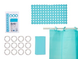BERILO Set de salle de bain rideau de douche PEVA et tapis de douche bleu