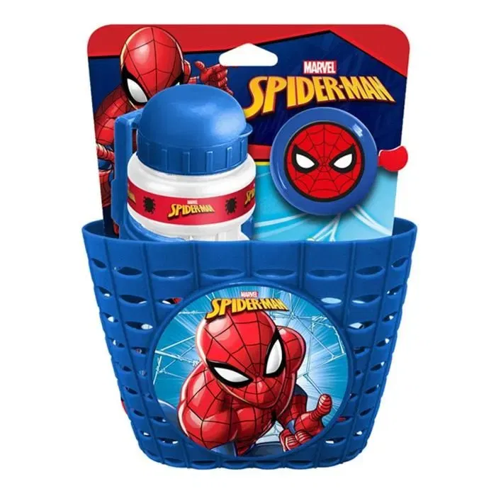 Disney - Set Corbeille + Bidon + Sonnette SPIDER-MAN - Pour vélo, trottinette ou tricycle enfant - 3 ans et plus - Bleu et Rouge