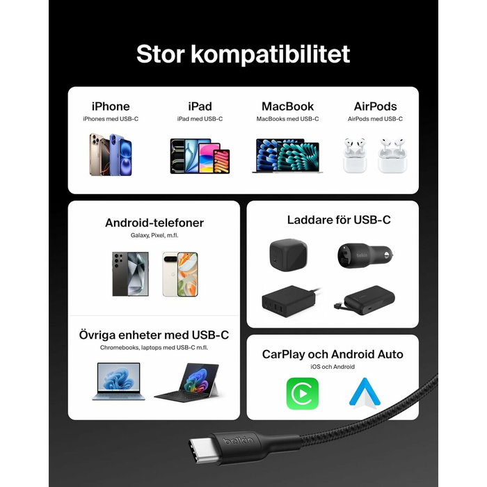 Belkin Câble USB-C vers USB-C BoostCharge Pro 240W Tressé 2m Noir Belkin Câble USB-C vers USB-C BoostCharge Pro 240W Tressé 2m Noir