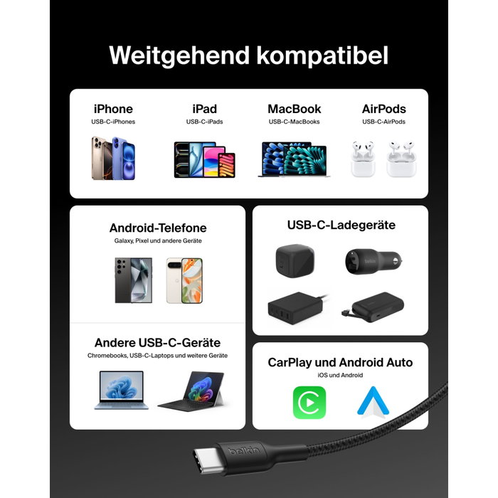 Belkin Câble USB-C vers USB-C BoostCharge Pro 240W Tressé 2m Noir Belkin Câble USB-C vers USB-C BoostCharge Pro 240W Tressé 2m Noir