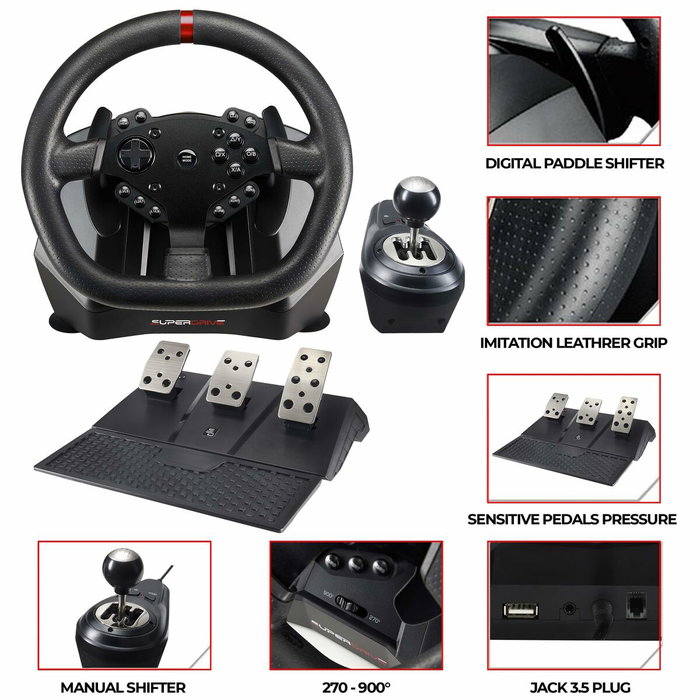 Subsonic Superdrive GS950-X - Volant de course 900° avec levier de vitesse et pédalier Subsonic Superdrive GS950-X - Volant de course 900° avec levier de vitesse et pédalier